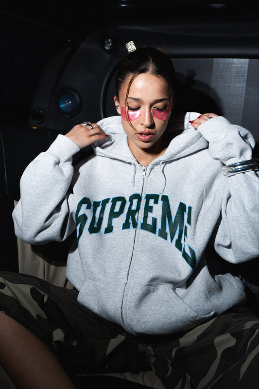 SUPREME CRACKED RAGLAN ZIP UP HOODIE - VESSEL, racing forward